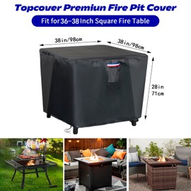 Topcover Fire Pit Cover,38 inch Square Propane Gas Outdoor Fire Table Cover,600D Waterproof and Windproof Heavy Duty Fabric Firepits Covers for Patio Table Fireplace －38"Lx38"Wx28"H,Black