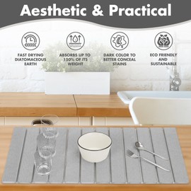 Extra Large Stone Dish Drying Mat for Kitchen Counter, 28"×16" Eco-friendly,Instant Drying Pad,Diatomaceous Earth Water Absorbing Mat, Foldable and Super Absorbent Dish Drying Stone Mat, Light Gray