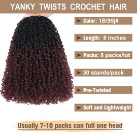COOKOO 8 Inch 30 Strands/Pack Yanky Twist Crochet Hair 8 PCS Ombre Yanky Passion Twist Crochet Hair Pre Looped Spring Twists Hair Fluffy Mini Crochet Twists Hair Pre-twisted Spring Twist Hair 1B/99j#