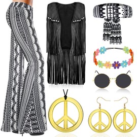 Mukum 8 PCS 60s 70s Women Hippie Costume Set, Black XXL, Women's Hippie Outfit with Fringe Dress, Headband, Necklace, Sunglasses, Perfect for Festival, Party, Themed Occasions