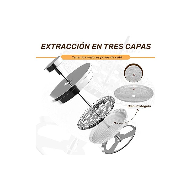 Prensa Francesa Acero Inoxidable 350ML,Filtro 3 Niveles,Doble Pared