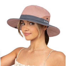 Sun Hat for Women Summer UV Protection Beach Hat Wide Brim Mesh Bucket Fishing Hat with Ponytail Hole Foldable Packable Hat Pink