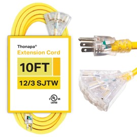 Thonapa 3 Outlet Lighted Outdoor Extension Cord 10 ft - 12 Gauge 15 Amp Heavy Duty Power Extension Cords - SJTW - Great for Major Appliances, Power Tools, Garden Supplies - Yellow