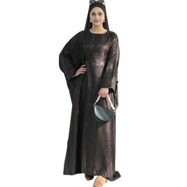 Zofocy Elegant Eid Clothes Women Muslim Glossy Batwing Sleeve Abaya Ramadan Prayer Dress with Belt