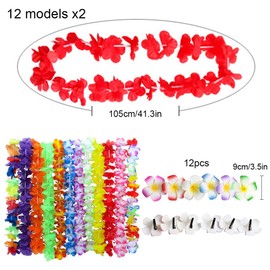Hawaiian Leis Garland Necklace,36 Pcs Colorful Ruffle Rainbow Flowers Plumeria Hair Clips,Tropical Luau Flower Lei Silk for Summer Theme Dress Party Decorations,Beach Wedding Birthday Party Supplies