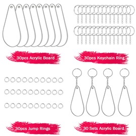90pcs Acrylic Blanks Key Tags Kit, Including 30pcs Teardrop Shape Acrylic Board, 30pcs Keychain Rings and 30pcs Jump Rings for Cricut Vinyl Ornament Blanks DIY Keychain Making