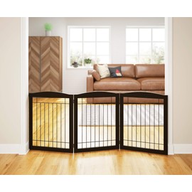 PAWLAND Extra Wide Dog gate for The House, Doorway, Stairs, Freestanding Foldable Wire Pet Gate, Pet Puppy Safety Fence,30" Height (Espresso, 3 Panels)