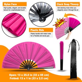 OMyFans Large Rave Folding Hand Fan - Foldable Chinese Tai Chi Kung Fu fan - Ideal for Festivals, EDM, Dancing, Hot Flashes, Church and Gifts (Pink)
