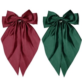 Hair Bows Silky Satin Bows Oversized Long Tail Hair Bow Clips Barrettes Big Bowknot Hair Accessories Trendy Stuff for Women Girl (Dark Red & Dark Green)