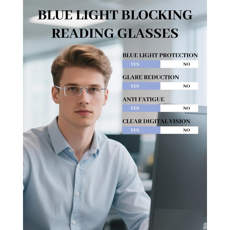 LUFF 3 Pack Rimless Reading Glasses Men Women- Comfortable Frameless