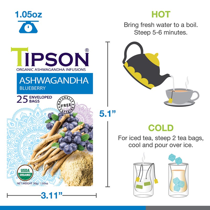 Tipson Organic Ashwagandha Tea Infusions - Blueberry - 25 Premium