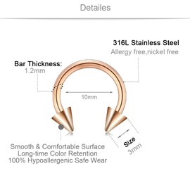 VF VFUN Stainless Steel Horseshoe Eyebrow Rings 16G Nose Rings Spike Septum Piercing Lip Ring Cartilage Earrings Hoop 8PCS Rose Gold