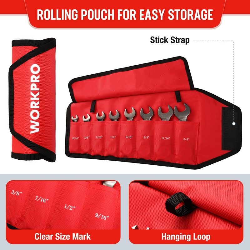 WORKPRO 8 Piece Flex Head Stubby Ratcheting Combination Wrench Set,