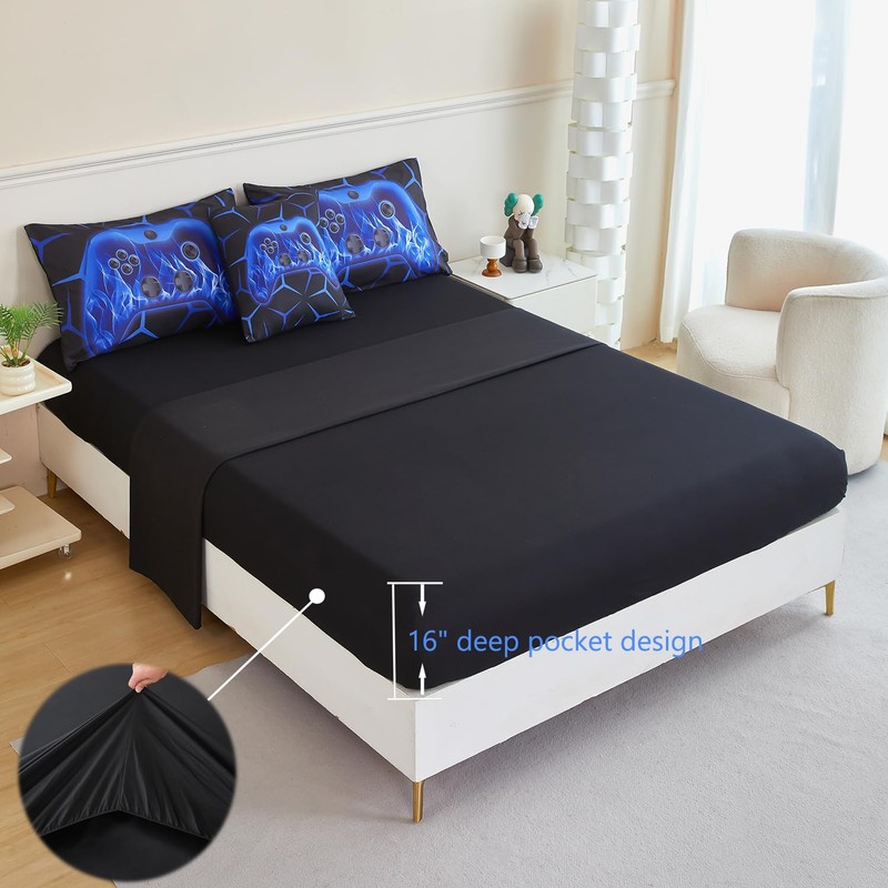 ZRNBAST Kids Gaming Comforter Set Twin Size Blue Gamepad Gaming