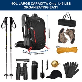 Long Keeper 40L Hiking Backpack Camping Daypack with Waterproof Rain Cover Lightweight Outdoor Sport Travel Backpack Rucksack (Black)