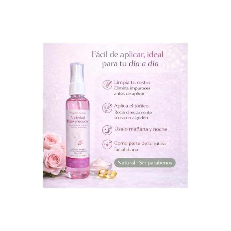Tónico facial de agua de rosas con colágeno y vitamina