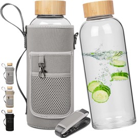 Ferexer 48 oz Sports Borosilicate Glass Water Bottle with Bamboo Lid with Neoprene Sleeve