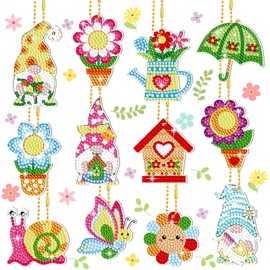 12 Pieces Spring Diamond Painting Keychain 5D DIY Diamond Painting Kit Spring Hanging Diamond Art Kits Flower Gnome Butterfly Spring Ornaments for Kids Crafts Family Decor