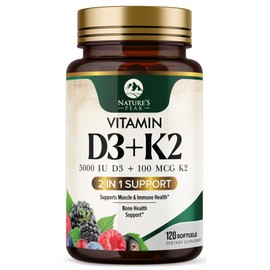 Vitamin D3 K2 Supplement | 5000 IU Vitamin D3 & 100 mcg Vitamin K2, 2 in 1 Vitamin D with K2 Complex Softgels, Support Immune, Heart, Joint, Teeth & Bone Health, Easy to Swallow, Non-GMO, 240 Softgels