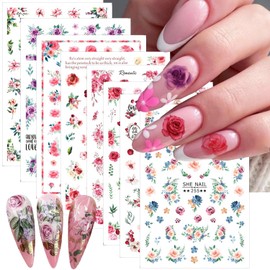 Flower Nail Art Stickers- 8 Sheets Valentines Rose Nail Decals Romantic Floret Design Spring Nail Stickers 3D Self-Adhesive Valentine's Day Nail Supplies for Women DIY Acrylic Manicure Tips Decoration
