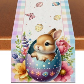 Linen Happy Easter Table Runner Bunny Rabbit Watercolor Easter Eggs Flower Tablecloth Easter Spring Summer Party Decorations and Supplies for Home Kitchen Table-13×72''