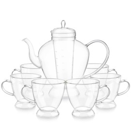 Teabloom Grand Bouquet Borosilicate Glass Tea Set for Six – Elegant 50oz Teapot with Microdot Infuser & Six 8oz Teacups – A Pure & Immersive Tea Experience – Tea Purist's Choice