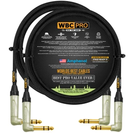 2 Units - 3 Foot - WBC-PRO-Quad Ultra-Silent Ultra-Flexible Balanced Star-Quad Cable with Amphenol QS3R-AU ¼ Inch (6.35mm) Gold Right-Angled TRS Stereo Phone Plugs & Black Tweed Jacket