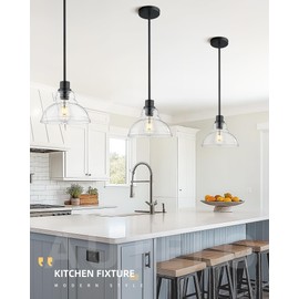AUTELO Black Pendant Lights Kitchen Island, 1-Light Pendant Lights in Black Finish with Clear Drum Glass, Modern Pendant Light Fixtures, Hanging Lamp for Kitchen Island H2512 CLBK