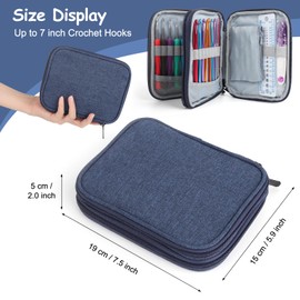 Katech Crochet Hooks Case - Portable Travel Storage Bag with Zipper, Web Pocket, and Holder Slots for Various Crochet Needles (Blue)