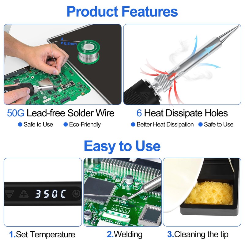 120W LED Soldering Iron Kit, 7s Fast Heating Adjustable Temp