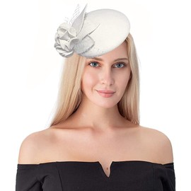 RZTA Women's Vintage 100% Wool Felt Cloche Bucket Bowler Hat Winter Vintage Bow Fedoras Church Derby Fascinator Hat (02-White)