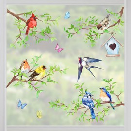 Yovkky Spring Summer Birds Branches Window Clings 4 Sheets, Cardinal Bluebird Swallow Goldfinch Chickadee Robin Stickers Decals Decor, Green Leaves Butterfly Birdhouse Home Kitchen Decorations