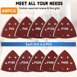 Aucenix 93mm Triangle Sanding Pads: 6 Holes 60PCS Detail Sander Pads Hook Loop - Sandpaper Sanding Sheets Assorted Coarse Fine 40/60/80/120/150/180/240/320/400/600 Grits for Wood Metal Wall (60Pcs)