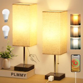 Table Lamp for Bedroom Set of 2, Bedside Lamps with 3 Color Temperatures Night Light, Lamp for Night Stands with AC Outlet and Square Shade, Pull Chain Small Desk Lamp for Living Room Home Decor
