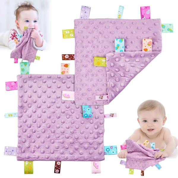 Deepton 2 Pcs Taggies for Babies, 25 x 25 CM Taggy Blanket, Cotton Baby Security Blanket, Tag Security Blankets with Colorful Sensory Label, Soothing Plush Baby Comforter Blanket - Purple