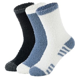 American Trends Men's Fuzzy Slipper Socks - Fluffy Cozy Unisex Winter Warm Sleep Socks, Sky Blue & White & Black