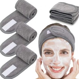 Adjustable Spa Facial Headband for Women ‌4 Pack, Soft Makeup Hair Band, Skincare Head Wrap for Bath, Sport, Yoga & Gym (Gray)‌