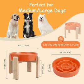 Elevated Slow Feeder Dog Bowl - Puzzle Maze Dish with Bamboo Stand - Raised Ceramic Food Bowl for Medium and Large Dogs - 8.8 Inch - Orange