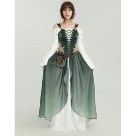 daizbella Medieval Renaissance Costume Elf Cosplay Green Dress with Sleeves