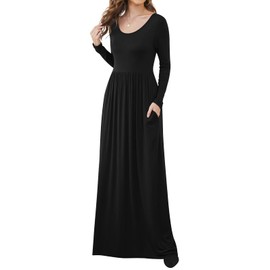 DB MOON Women Casual Long Sleeve Black Maxi Dresses Empire Waist Long Dress with Pocket S