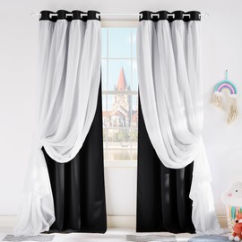 PONY DANCE Black Curtains for Bedroom - Decorative Window Curtains Double Layered Blackout Drapery White Crushed Sheers Panels Set for Living Room, 52 W x 84 L, Set of 2