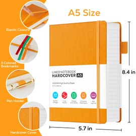 FOCUS DAY Hardcover Leather Notebooks College Ruled, 320 Pages Notebook Journals for Writing Note Taking Women & Men, A5 (5.7'' X 8.4'') Daily Notebook Journal, Orange