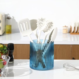 FERAHI Blue Utensil Holder, 6.3" Glass Kitchen Utensil Holder for Countertop, Large Cooking Utensil Holders for Kitchen Counter, Utensil Crocks for Farmhouse Decor