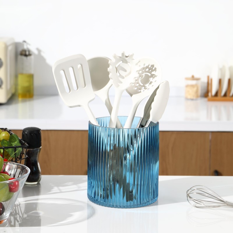 FERAHI Blue Utensil Holder, 6.3" Glass Kitchen Utensil Holder for