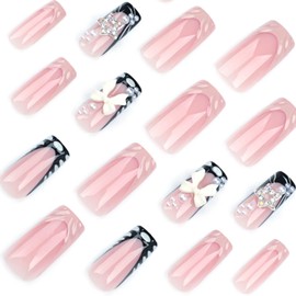 Hkanlre Medium Nude Press on Nails Pearl Fake Nails Tips Full Cover Square French False Nails for Women 24PCS