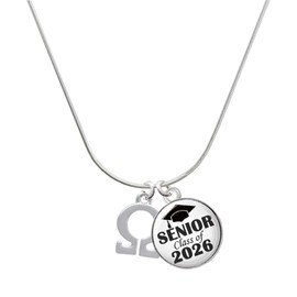 Delight Jewelry Silvertone Large Greek Letter - Omega - Senior Class of 2026 Dome Necklace, 18"