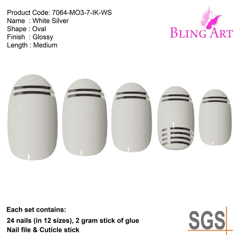 Bling Art Oval False Nails Fake Acrylic Glossy Silver White