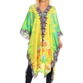 Sakkas 1824 - Alvita Women's V Neck Beach Dress Top Caftan Cover up with Rhinestones - FLM102-Multi - OS