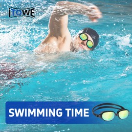 ITOWE Swim Goggles Swimming Goggles for Adult Men Women Youth Mirrored Swim Goggles Pool Water Goggles Black Anti Fog Goggles UV Protection Soft Silicone Large Frame Design Beach Goggles