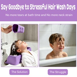 Portable Hair Washing Station for Kids,Children, Pregnant women,Seniors.Neck Support Silicone Shampoo Bowl for Sink or Bathtub,Attached Shampoo Brush and Baby Bath Rinse Cup (Purple)